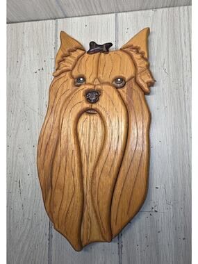 Vtg Wood Hand Carved/Painted Yorkie Terrier Dog Wall Art Decor 3D Wooden Nature